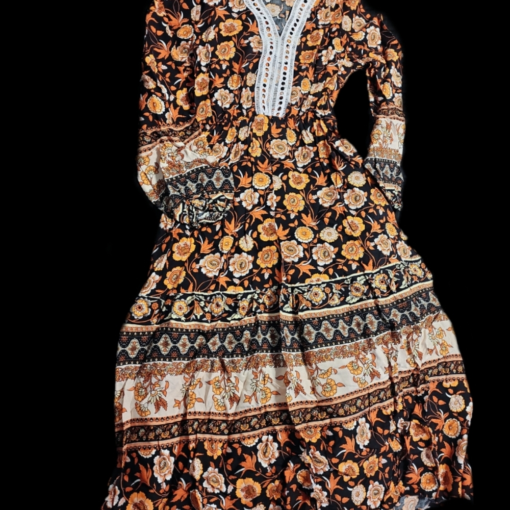 Elegant Floral Long Sleeve Maxi Dress - Black and Orange
